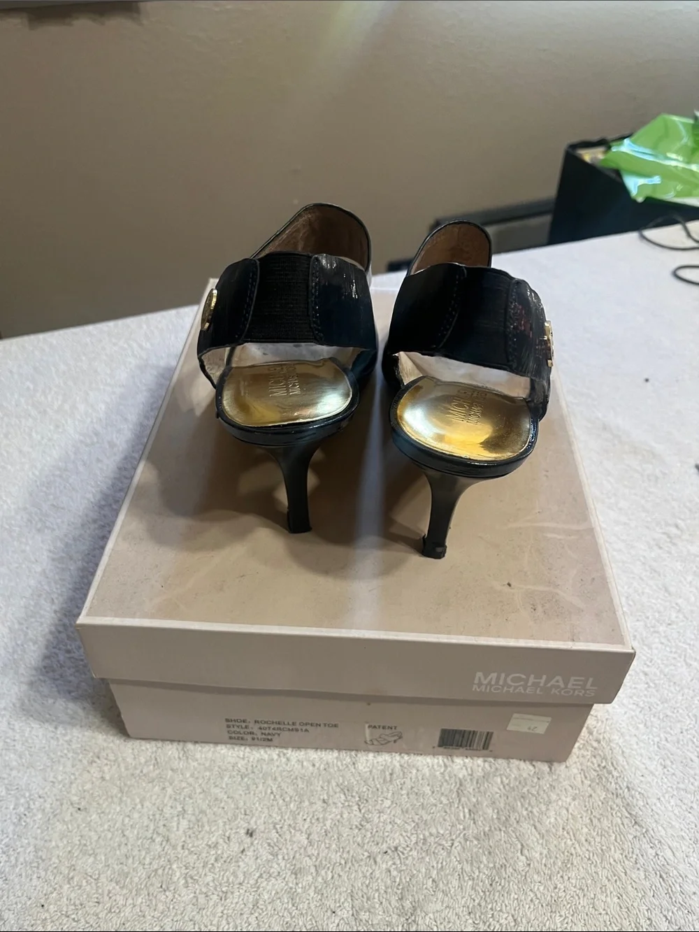 Michael Kors Black Patent Leather Slingback Heels with Gold Footbed